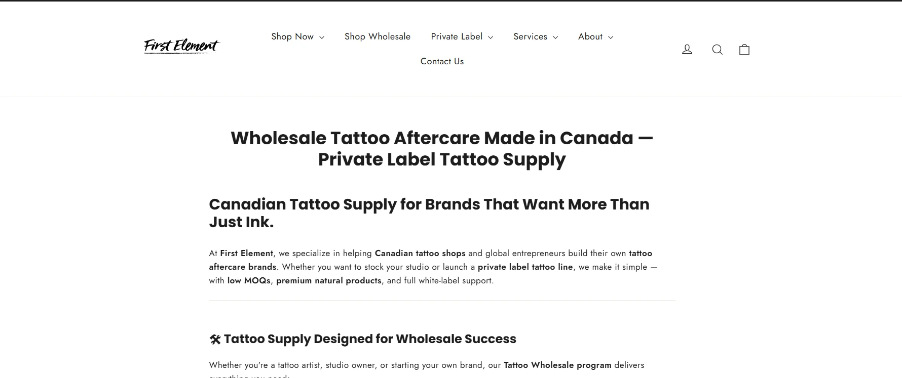 Website banner highlighting wholesale tattoo aftercare products made in Canada by First Element, including private label services.